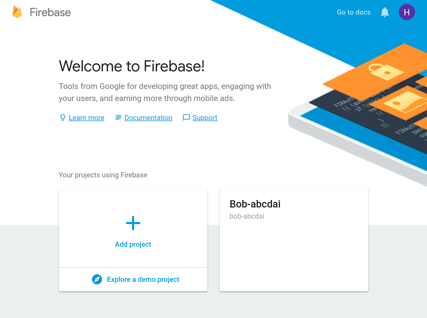 Экран приветствия консоли Firebase