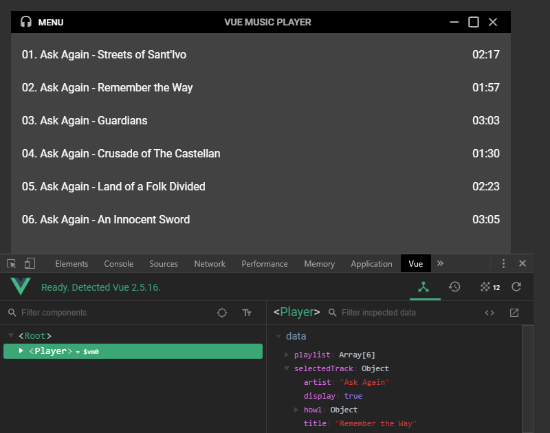 Плейлист плеера с выбранным треком показывается в DevTools