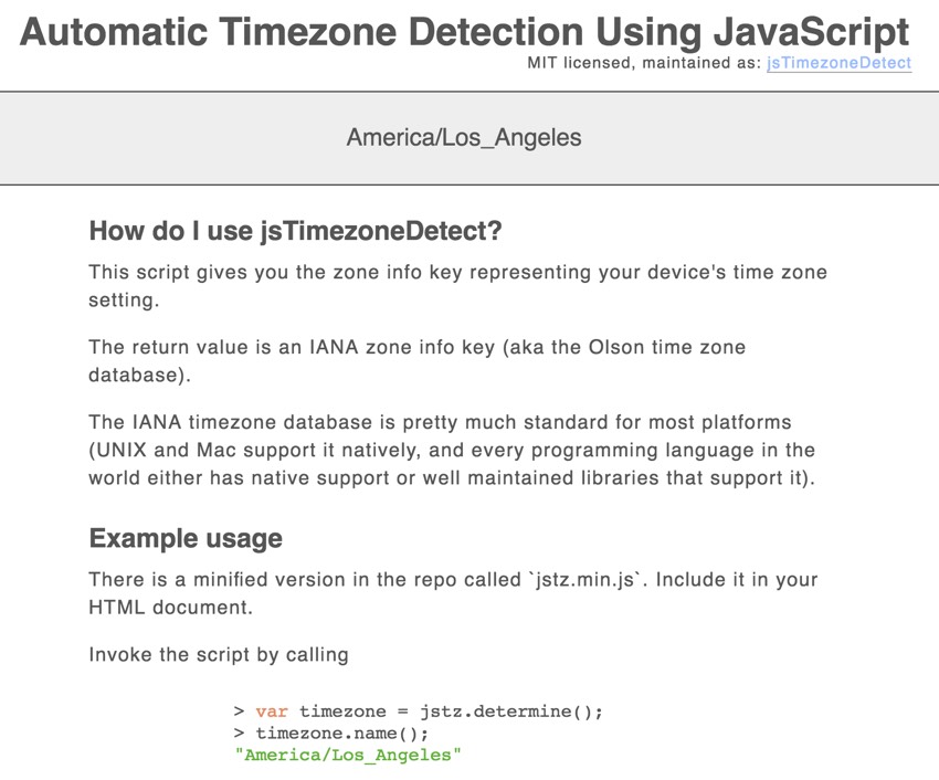 Создание вашего часового пояса при запуске - демонстрационная страница jsTimezoneDetect
