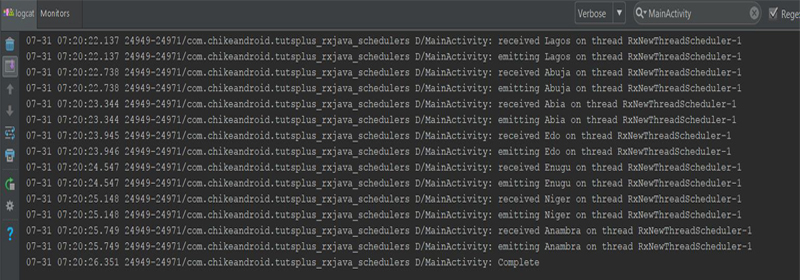 Результат в Android Studio logcat, показывающий журналы выполнения в одном потоке