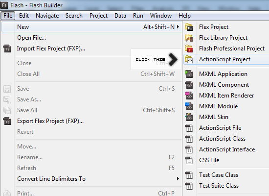 Создать новый проект ActionScript