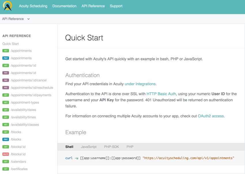 Платформа разработчика Acuity Scheduling - API Quick Start