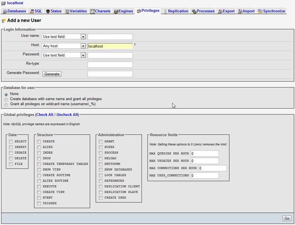 phpmyAdmin Новый пользователь