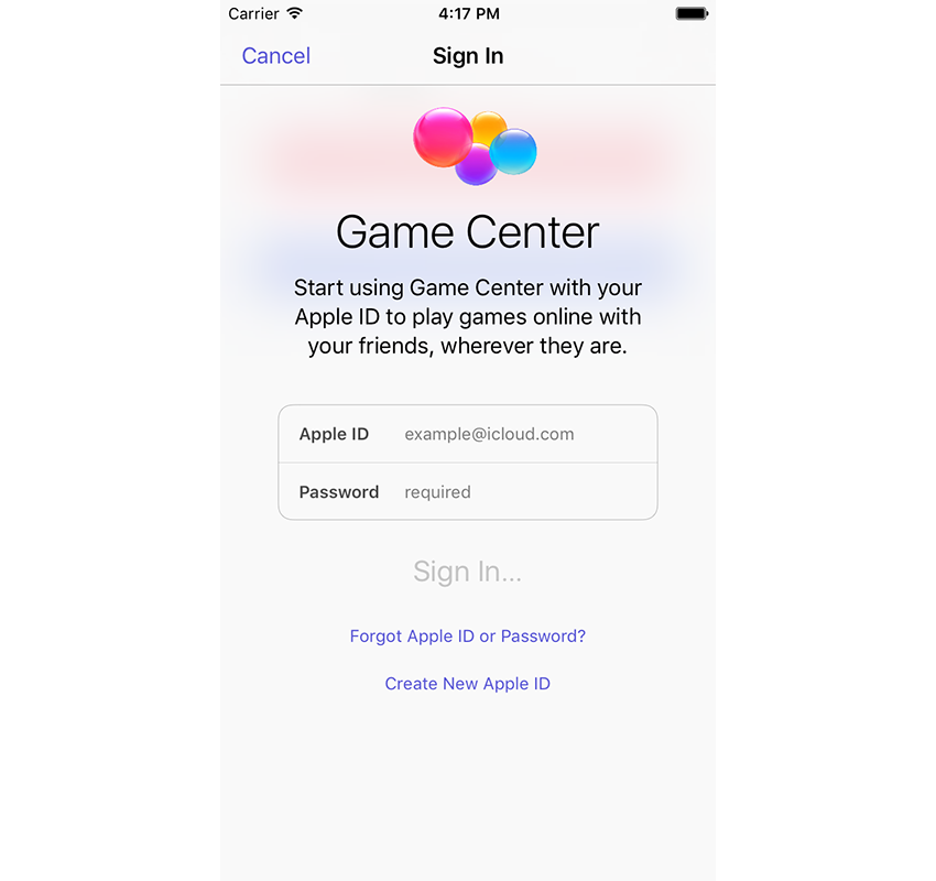 Game Center Sing In экран