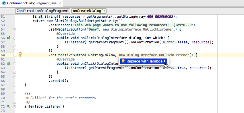 Выберите Replace with lambda в появившемся контекстном меню.
