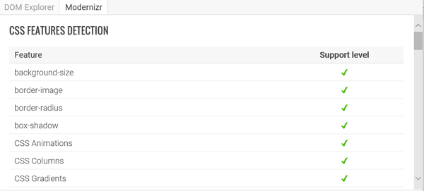 Вкладка Modernizr, показывающая определение функций CSS
