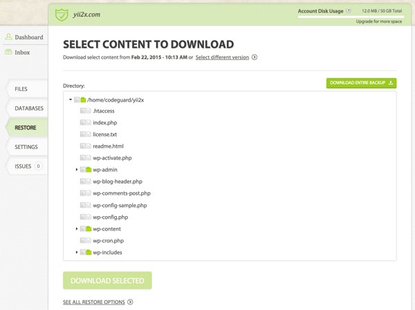CodeGuard Выбрать контент для загрузки в формате Zip