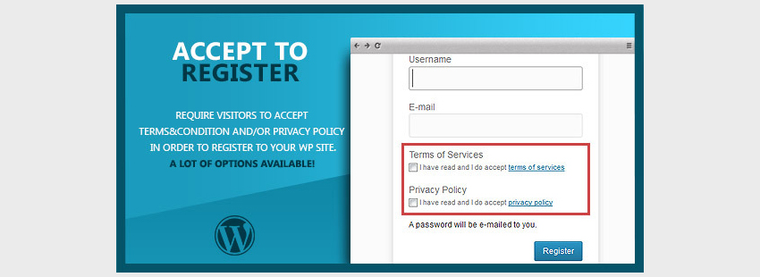 WP Accept для регистрации Условия использования Политика конфиденциальности