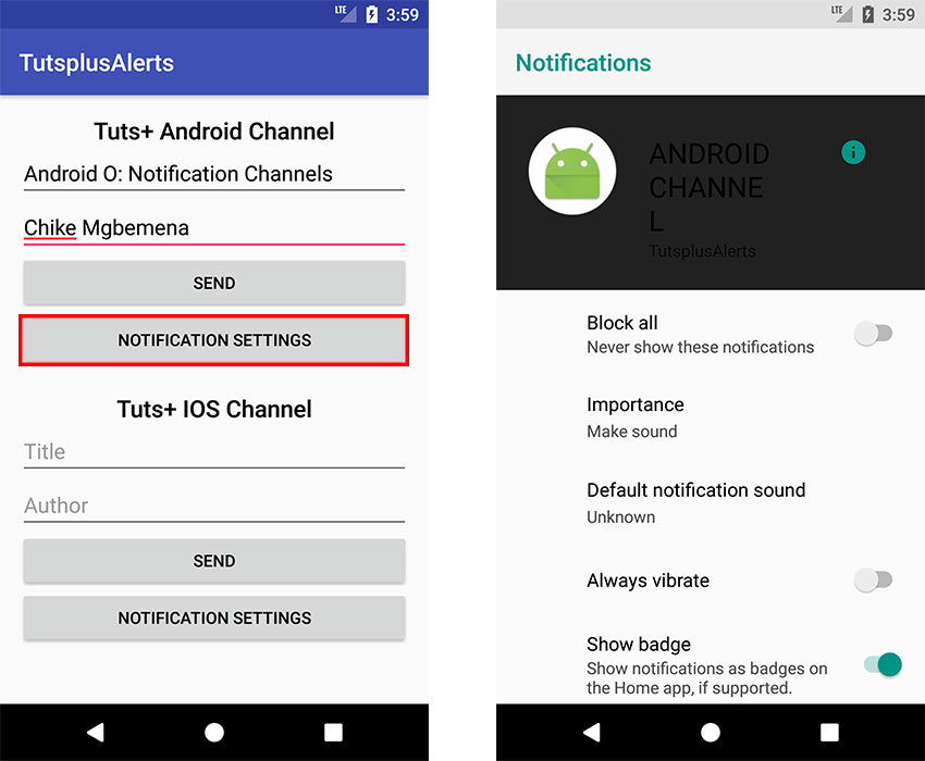 Android emulator click android channel notification settings opens device channel settings