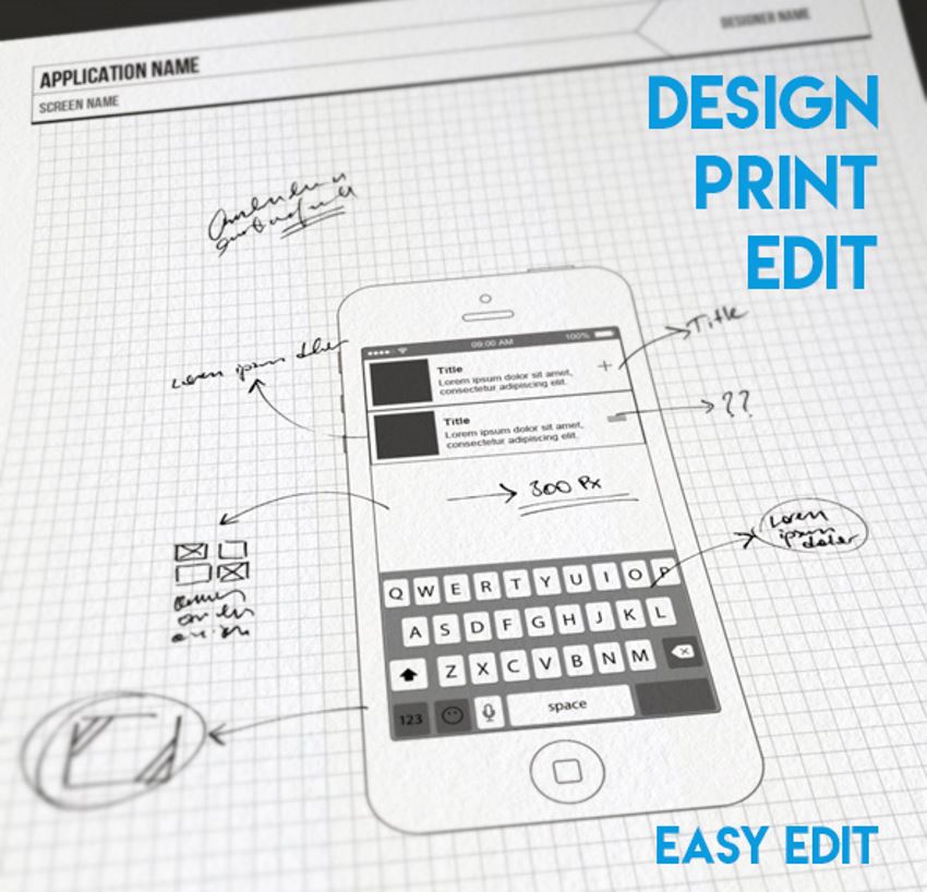 Простой Mobile UI Wireframe Design Kit для печати дизайн приложения с комментариями