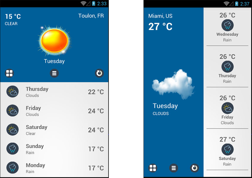 Скриншоты шаблона приложения Weather Pro