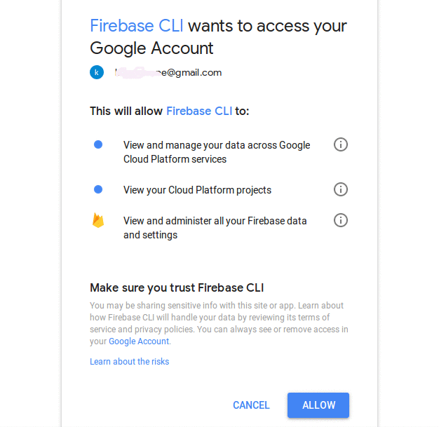 Firebase CLI сообщение о доступе к вашей учетной записи Google
