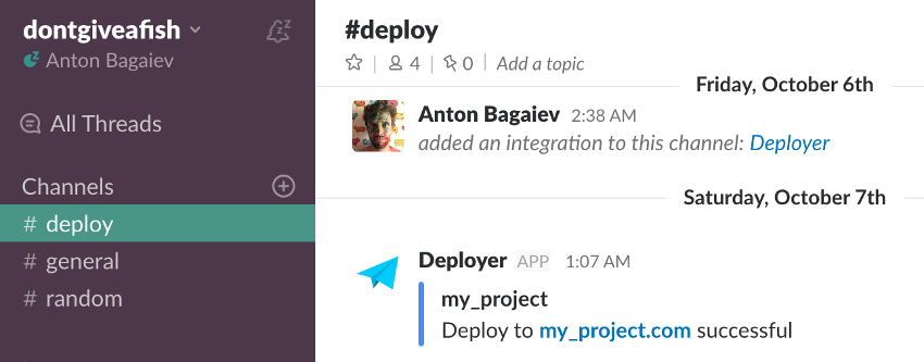 Просмотр Deployer в Slack