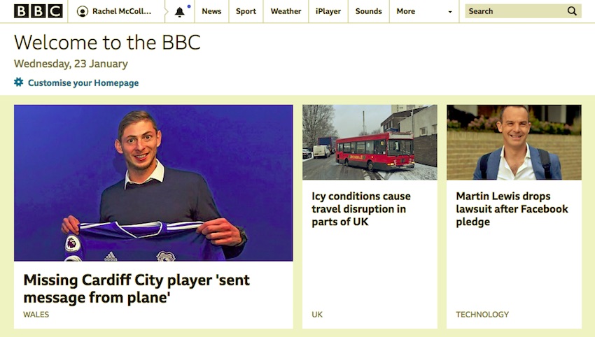 Домашняя страница BBC - белое фоновое навигационное меню вверху, разделенное тонкой рамкой