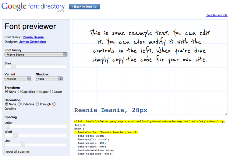 Средство предварительного просмотра шрифтов Google позволяет вам играть с API шрифтов и получать код CSS для копирования.