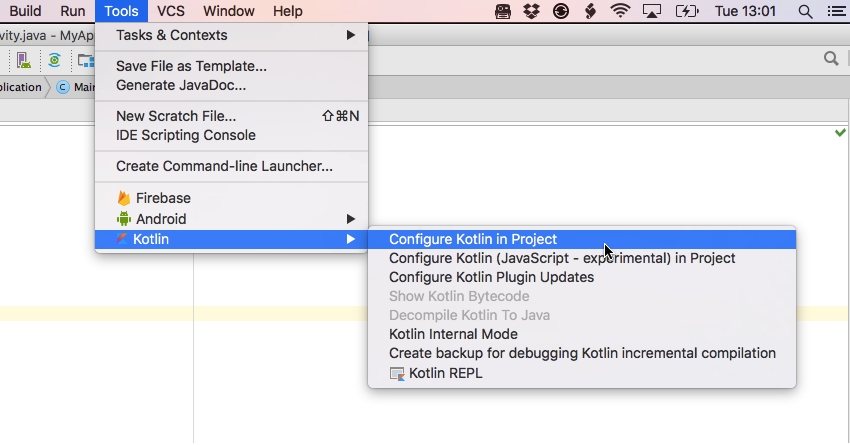 Выберите Android Studios Инструменты Kotlin Настройка Kotlin в опции проекта