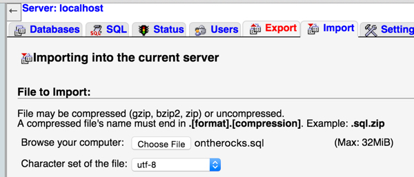 Импортируйте базу данных SQL ontherocks с помощью PHPMyAdmin