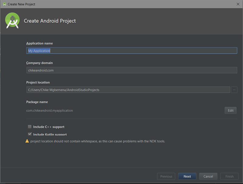 Android Studio новый проект диалоговое окно
