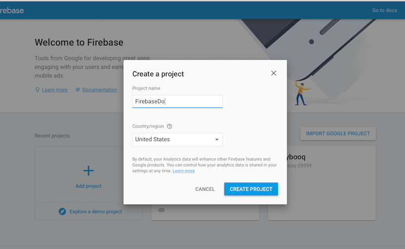 Создать проект на панели Firebase