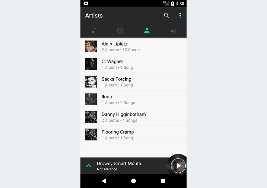 Музыкальное приложение, отображающее список исполнителей в текущей вкладке