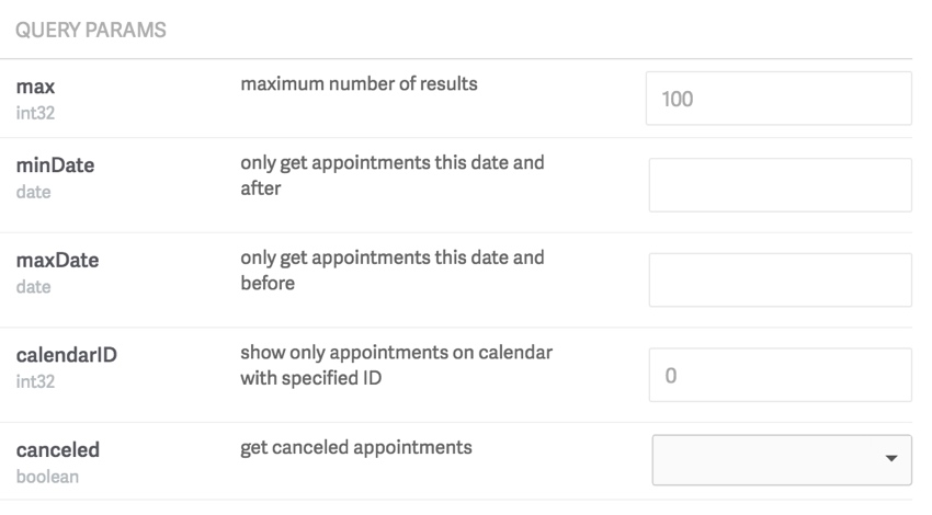 API разработчика Acuity Scheduling - параметры запроса для встреч