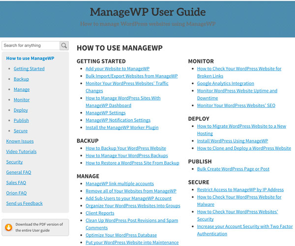 Руководство пользователя ManageWP