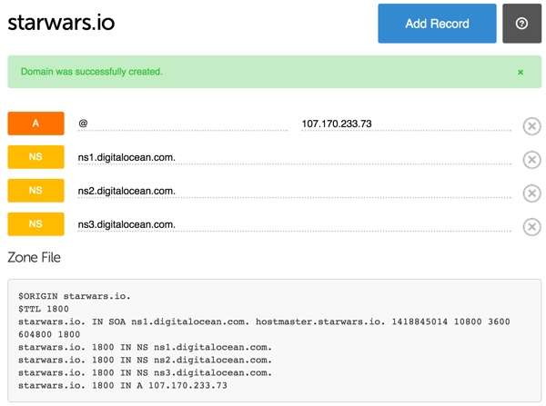 Digital Ocean DNS веб-консоль доменное представление