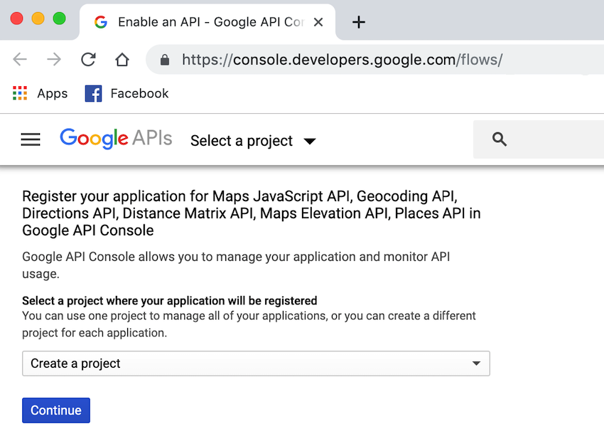 Создайте новый проект в консоли API Google.
