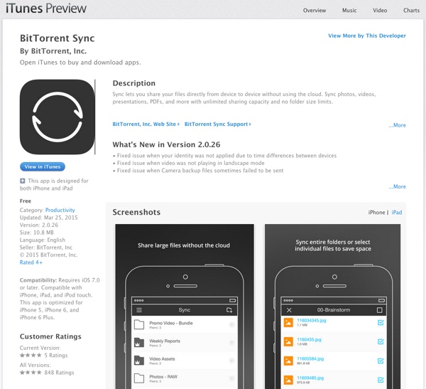 Приложение iOS для магазина BitTorrent Sync iTunes