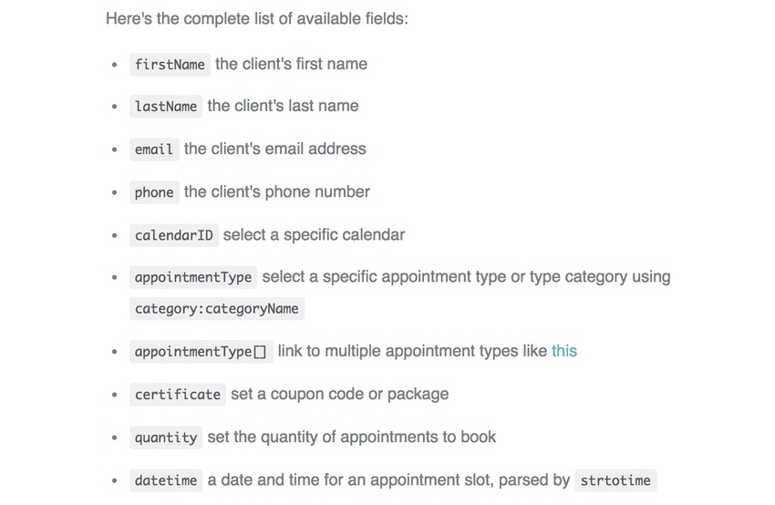 Acuity Scheduling Developer Platform - Пользовательские поля для связывания