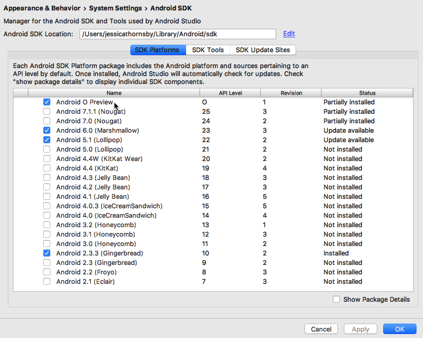 Откройте Android SDK Manager и загрузите O Developer Preview.