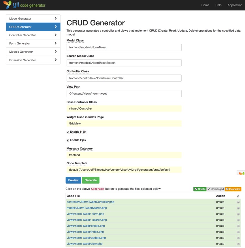 Повторяя API Twitter - Yiis Gii Scaffolding CRUD Generator