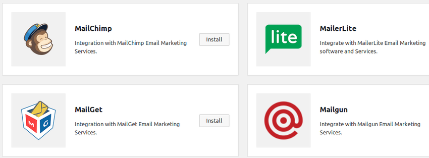 Выберите MailChimp и нажмите Установить