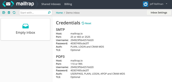 Учетные данные SMTP-сервера Mailtrap