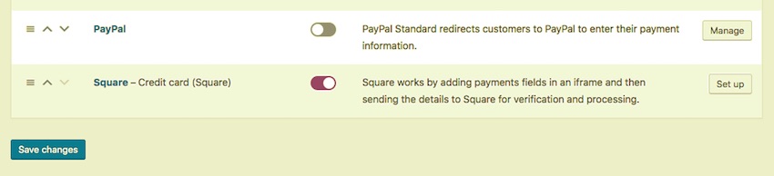экран настроек платежей woocommerce с включенным квадратом и отключенным PayPal