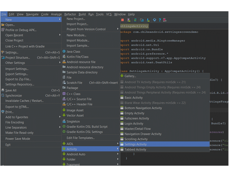 Навигация по созданию новых настроек в Android Studio