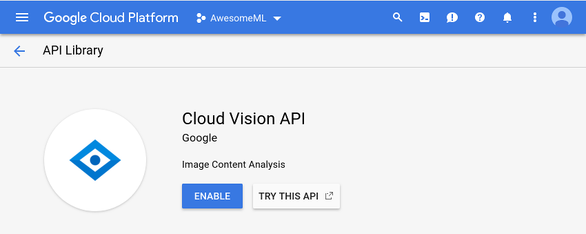 Экран активации API Cloud Vision