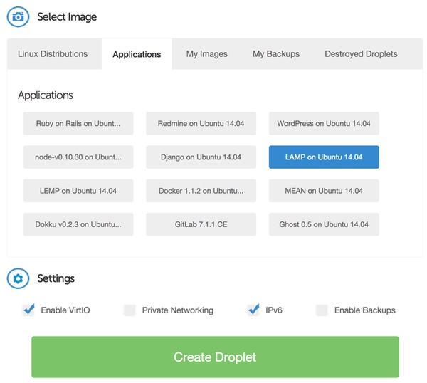 Digital Ocean Выберите образ приложения для Ubuntu