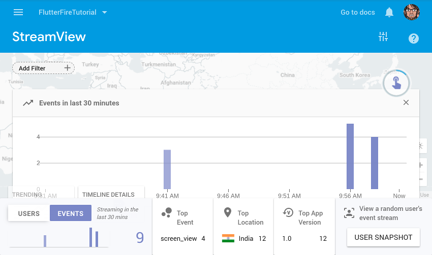 StreamView консоли Firebase