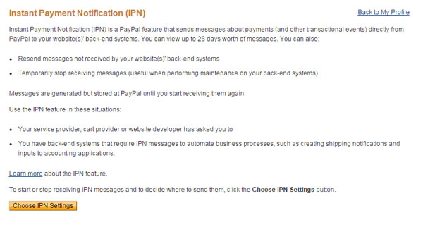 Страница настроек PayPal IPN