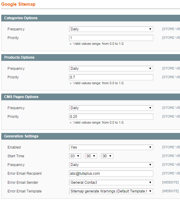 Настройки Google Sitemap в Magento