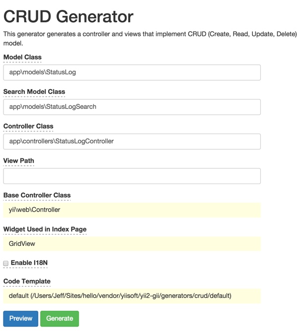 Gii Code Generator для файлов статуса CRUD