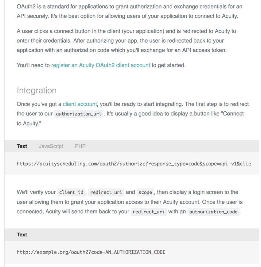 Разработчики планирования Acuity - поддержка OAuth2