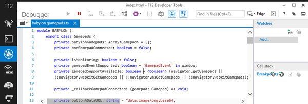 babylongamepadts в консоли IE11 F12, показывающий язык TypeScript