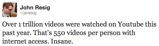 Over 1 trillion videos were watched on Youtube this past year. That's 550 videos per person with internet access. Insane. - John Resig on Twitter