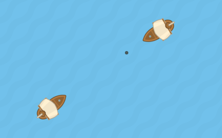 Снимок экрана финальной игры: два корабля атакуют друг друга