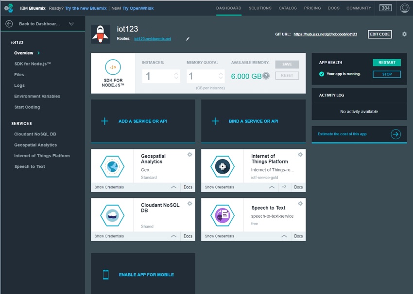 IBM Bluemix IoT Arm Gestures - панель управления Bluemix с демонстрационным приложением IoT123