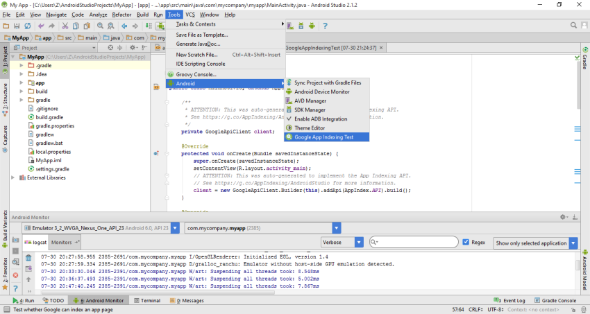 В Android Studio выберите Инструменты Android Google App Indexing Test