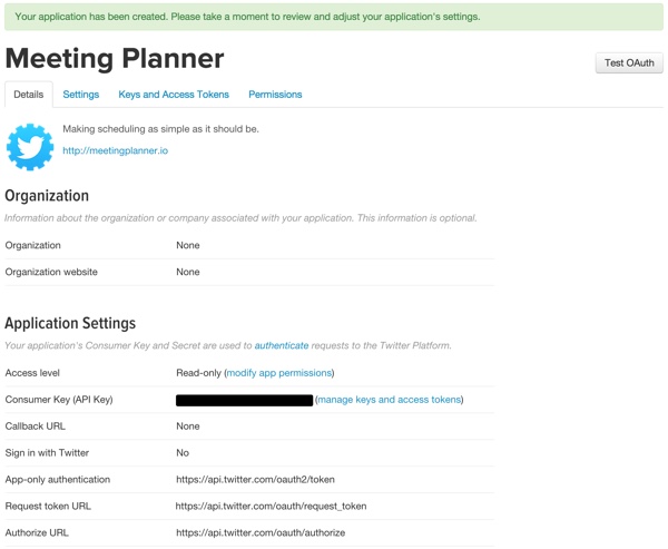Создание вашего стартапа OAuth - страница приложения Twitter