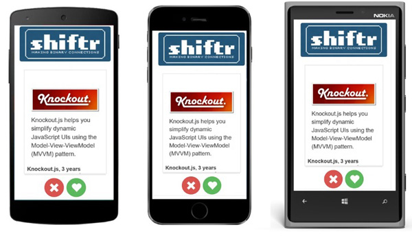 Три разных телефона, показывающие Shiftr и Knockout